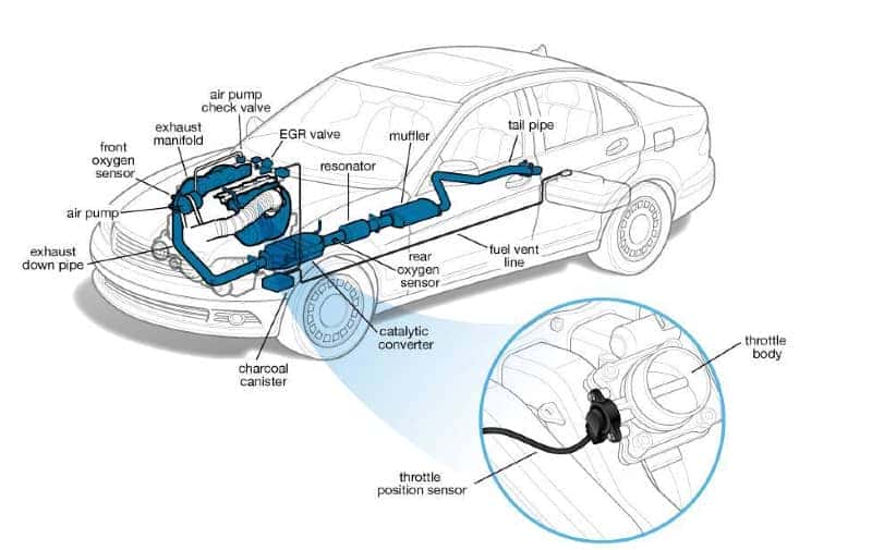 Sơ đồ vị trí lắp đặt của cảm biến bướm ga trên hệ thống động cơ ô tô