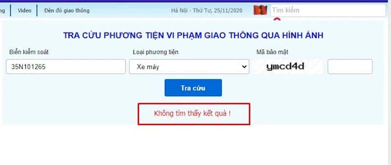 Xe ô tô không vi phạm giao thông, hệ thống sẽ trả về thông báo “Không tìm thấy kết quả”