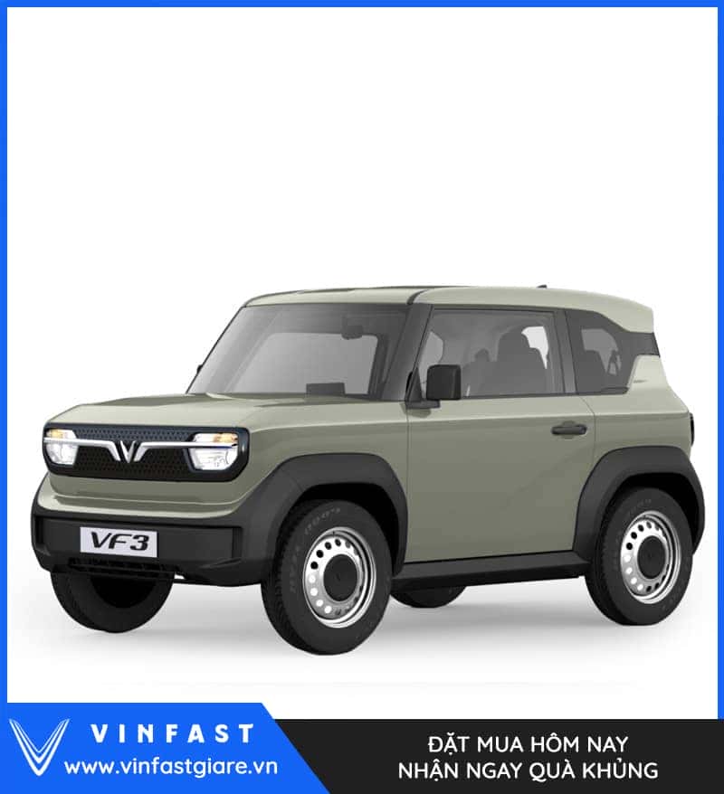 Xe VinFast màu xanh rêu đứng một mình giữa khung cảnh tự nhiên, thiết kế xe nhỏ gọn, hiện đại